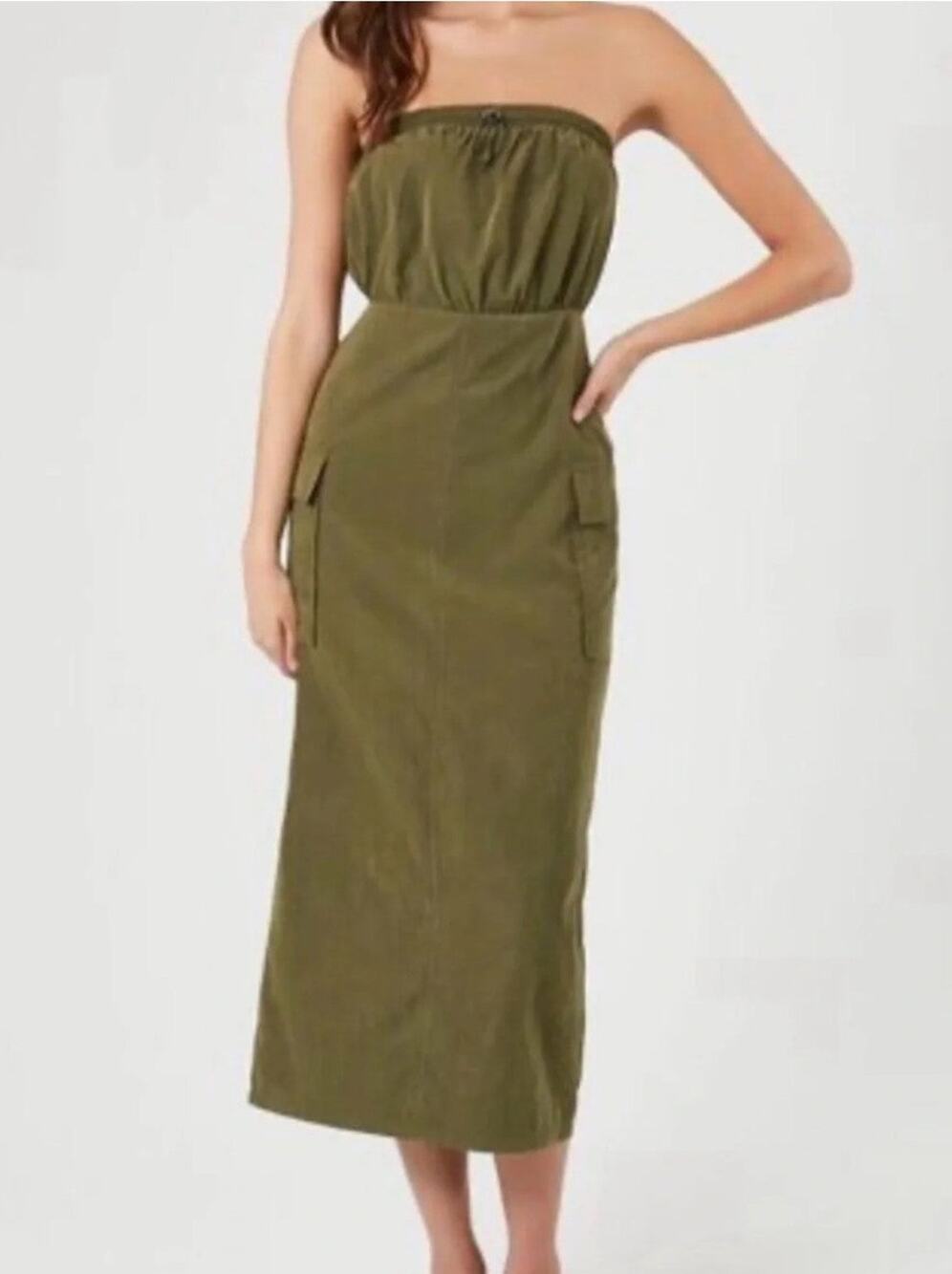 Forever 21 Olive Green Military Bandeau Midi Zip up women's dress, Size S